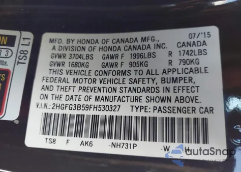 2015 Honda Civic Lx from USA, damaged, VIN 2HGFG3B59FH530327